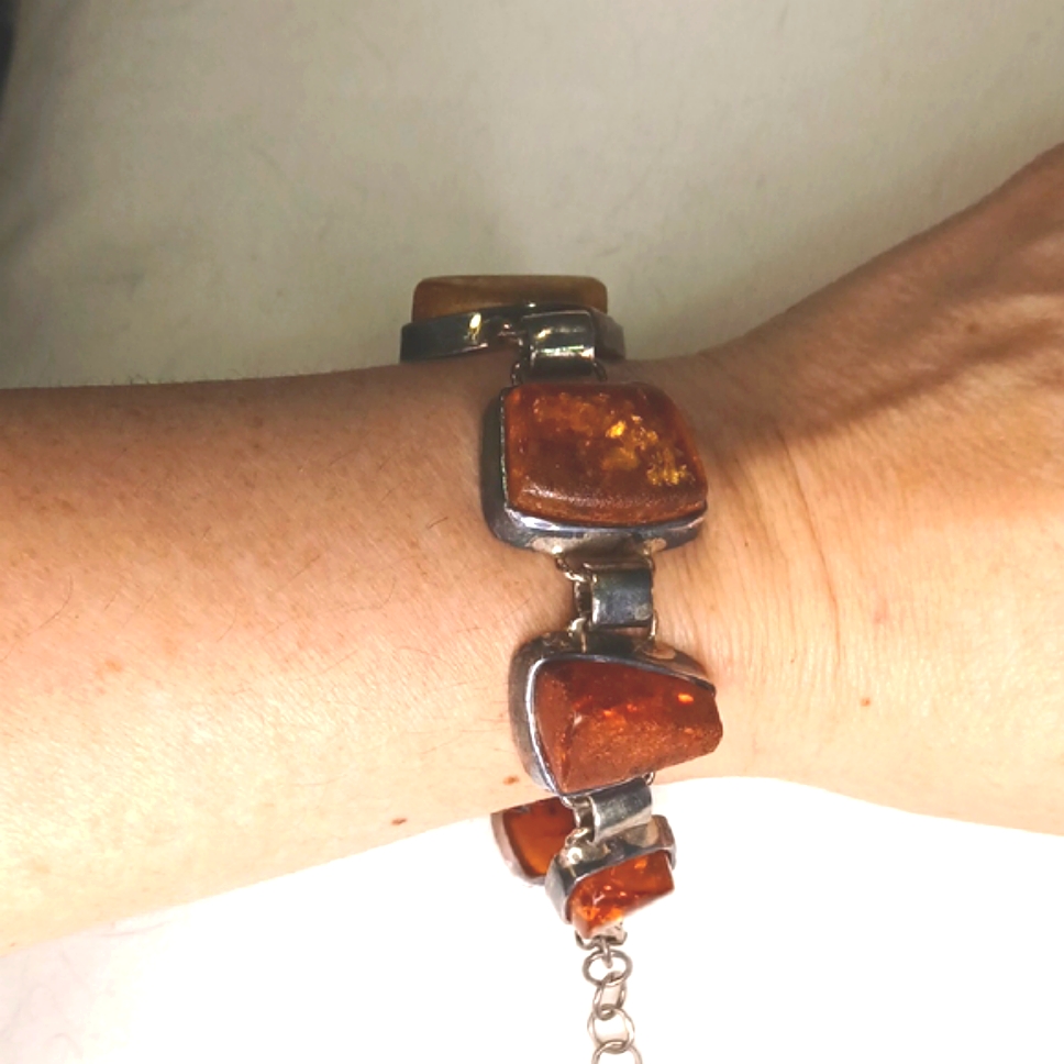 Elegant Baltic Amber & Silver Chain Bracelet 10.5" Boho Natural Whimsigoth